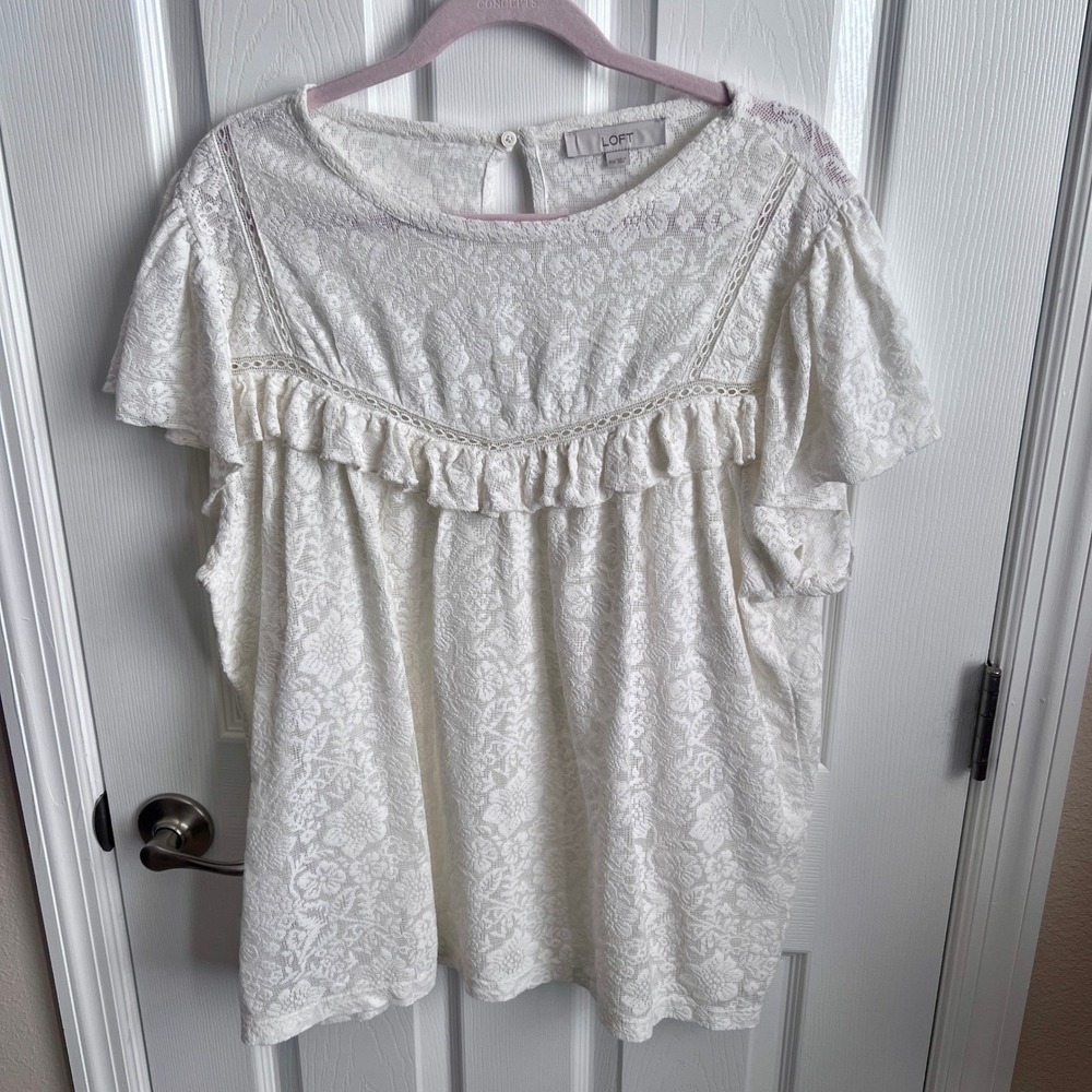 LOFT Lace Ruffle Flutter Sleeve Top Ivory Women's XXL